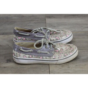 Sperry Top Sider Girls Youth Size 11 Boat Canvas Shoes Leopard Print Gray Pink